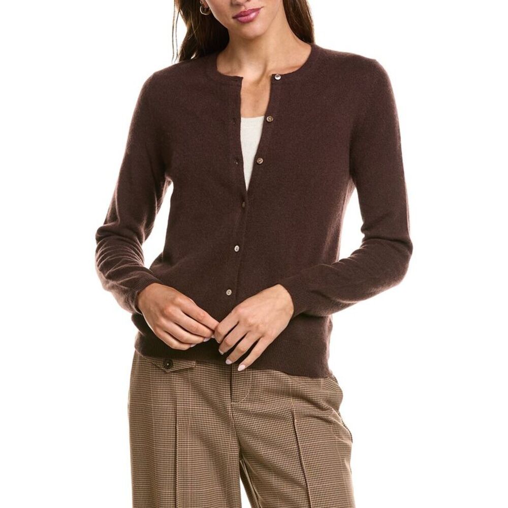 Incashmere Womens Basic Crewneck 100% Cashmere Cardigan, Dark Brown